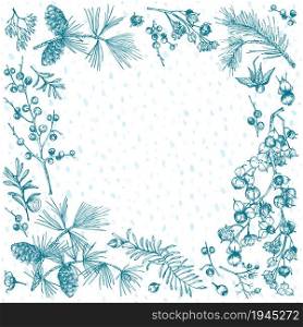 Hand-drawn sketch christmas plants frame with pine cones, berries, branches, leaves in engraving style. Vintage herbal border. Xmas retro decor Wedding graphic Hello, winter. Vector illustrations. Hand-drawn sketch christmas plants frame with pine cones, berries, branches, leaves in engraving style. Vintage herbal border. Xmas retro decor Wedding graphic Hello, winter. Vector.