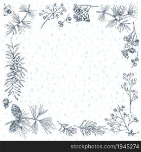 Hand-drawn sketch christmas plants frame with pine cones, berries, branches, leaves in engraving style. Vintage herbal border. Xmas retro decor Wedding graphic Hello, winter. Vector illustrations. Hand-drawn sketch christmas plants frame with pine cones, berries, branches, leaves in engraving style. Vintage herbal border. Xmas retro decor Wedding graphic Hello, winter. Vector.