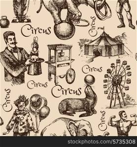 Hand drawn sketch circus and amusement vector illustration. Vintage seamless pattern