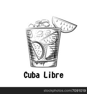 Hand drawn sketch cocktail Cuba libre. Isolated coctail on white background. Engraving style vector illustration.. Hand drawn sketch cocktail Cuba libre. Isolated coctail