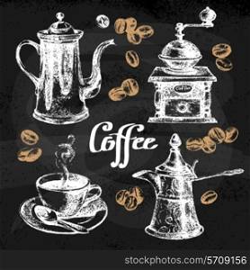 Hand drawn sketch coffee set. Vector illustration. Chalkboard menu design for cafe and restaurant