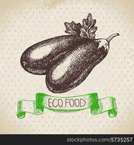 Hand drawn sketch eggplant vegetable. Eco food background.Vector illustration