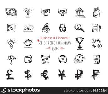 Hand-drawn sketch finance web icon set - economy, money, finance, payments. Vector illustrations Black on white background. Hand-drawn sketch finance web icon set - economy, money, , payments