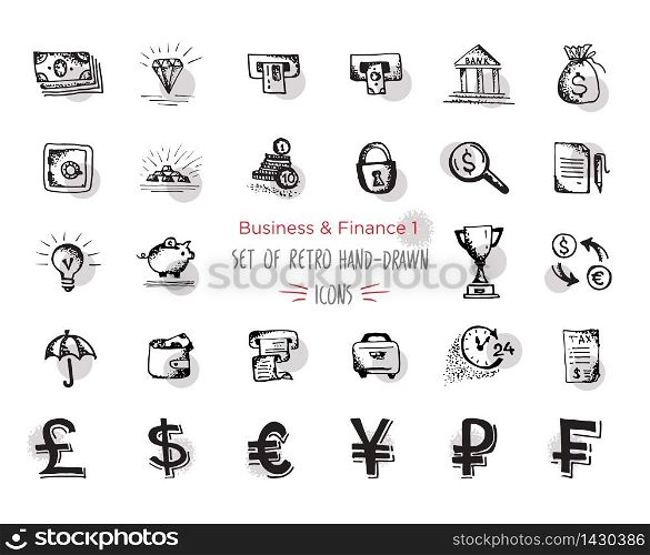 Hand-drawn sketch finance web icon set - economy, money, finance, payments. With emphasis in round spots form. Vector illustrations Isolated black on white background. Hand-drawn sketch finance web icon set - economy, money, payments.With emphasis in round spots form. Isolated black on white background