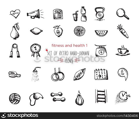 Hand-drawn sketch fitness and health icon set. Vector illustrations Black on white background. Hand-drawn sketch fitness and health icon set