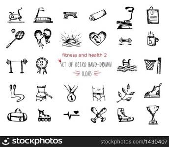 Hand-drawn sketch fitness and health icon set. Vector illustrations Black on white background. Hand-drawn sketch fitness and health icon set
