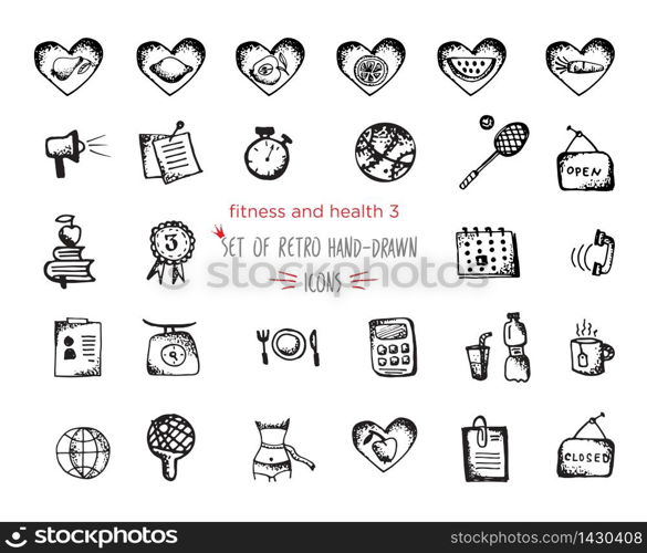 Hand-drawn sketch fitness and health icon set. Vector illustrations Black on white background. Hand-drawn sketch fitness and health icon set