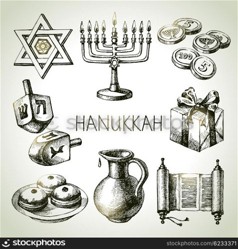 Hand drawn sketch Hanukkah elements set. Israel festival objects and symbols. Vector illustration