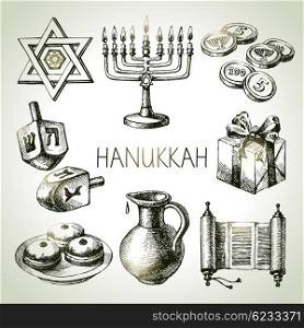 Hand drawn sketch Hanukkah elements set. Israel festival objects and symbols. Vector illustration