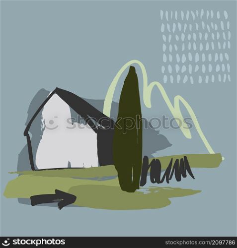 Hand drawn sketch houses and trees. Vector illustration.. Vector sketch houses and trees.