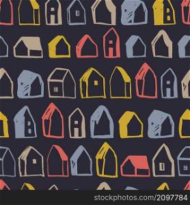 Hand drawn sketch houses on dark background. Vector seamless pattern.. Hand drawn cute houses.Vector pattern.