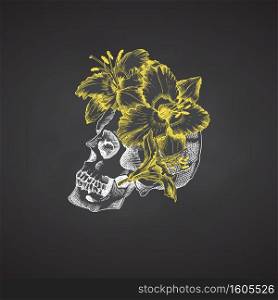 Hand drawn sketch human skull in wreath of flowers. Yellow lilies Funny character Chalk graphic Engraving isolated on chalkboard background Vintage style Vector illustration. Hand drawn sketch human skull in wreath of flowers. Yellow lilies Funny character Chalk graphic Engraving art isolated on chalkboard background. Vintage style. Vector