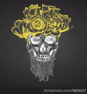 Hand drawn sketch human skull with beard and mustache in wreath of flowers Yellow roses Funny character Chalk graphic Engraving art isolated on chalkboard background Vintage style. Vector illustration. Hand drawn sketch human skull with beard and mustache in wreath of flowers. Yellow roses Funny character Chalk graphic Engraving art isolated on chalkboard background. Vintage style. Vector