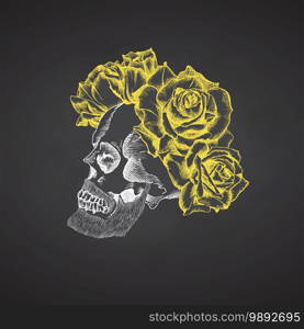Hand drawn sketch human skull with beard and mustache in wreath of flowers Yellow roses Funny character Chalk graphic Engraving art isolated on chalkboard background Vintage style. Vector illustration. Hand drawn sketch human skull with beard and mustache in wreath of flowers. Yellow roses Funny character Chalk graphic Engraving art isolated on chalkboard background. Vintage style. Vector