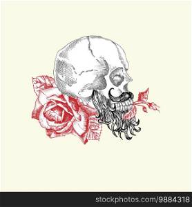 Hand drawn sketch human skull with beard and mustache in wreath of flowers. Red roses Funny character Black graphic Engraving art isolated on white background. Vintage style. Vector illustration. Hand drawn sketch human skull with beard and mustache in wreath of flowers. Red roses Funny character Black graphic Engraving art isolated on white background. Vintage style. Vector