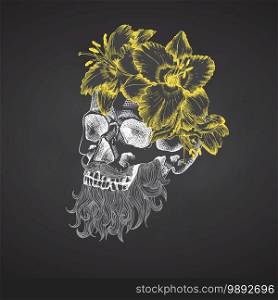 Hand drawn sketch human skull with beard and mustache in wreath of flowers. Yellow lilies Funny character Chalk graphic Engraving isolated on chalkboard background Vintage style Vector illustration. Hand drawn sketch human skull with beard and mustache in wreath of flowers. Yellow lilies Funny character Chalk graphic Engraving art isolated on chalkboard background. Vintage style. Vector