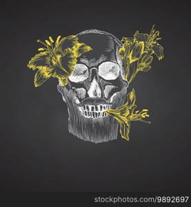 Hand drawn sketch human skull with beard and mustache in wreath of flowers. Yellow lilies Funny character Chalk graphic Engraving isolated on chalkboard background Vintage style Vector illustration. Hand drawn sketch human skull with beard and mustache in wreath of flowers. Yellow lilies Funny character Chalk graphic Engraving art isolated on chalkboard background. Vintage style. Vector