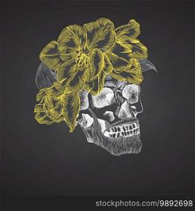 Hand drawn sketch human skull with beard and mustache in wreath of flowers. Yellow tulips Funny character Chalk graphic Engraving isolated on chalkboard background Vintage style Vector illustration. Hand drawn sketch human skull with beard and mustache in wreath of flowers. Yellow tulips Funny character Chalk graphic Engraving art isolated on chalkboard background. Vintage style. Vector