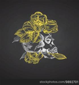 Hand drawn sketch human skull with beard and mustache in wreath of flowers. Yellow tulips Funny character Chalk graphic Engraving isolated on chalkboard background Vintage style Vector illustration. Hand drawn sketch human skull with beard and mustache in wreath of flowers. Yellow tulips Funny character Chalk graphic Engraving art isolated on chalkboard background. Vintage style. Vector