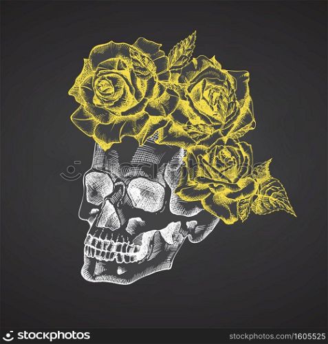 Hand drawn sketch human skull with wreath of flowers. Yellow roses Funny character Chalk graphic Engraving art isolated on chalkboard background. Vintage style. Vector illustration. Hand drawn sketch human skull with wreath of flowers. Yellow roses Funny character Chalk graphic Engraving art isolated on chalkboard background. Vintage style. Vector