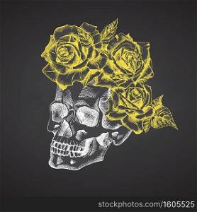 Hand drawn sketch human skull with wreath of flowers. Yellow roses Funny character Chalk graphic Engraving art isolated on chalkboard background. Vintage style. Vector illustration. Hand drawn sketch human skull with wreath of flowers. Yellow roses Funny character Chalk graphic Engraving art isolated on chalkboard background. Vintage style. Vector