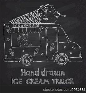 Hand drawn sketch Ice Cream Truck with yang man seller and Ice Cream cone on top, on chalkboard.. Hand drawn sketch Ice Cream Truck with yang man seller and Ice Cream cone on top, on chalkboard
