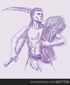 Hand drawn sketch illustration of a farmer with scythe and holding wheat crop harvest.&#xA;