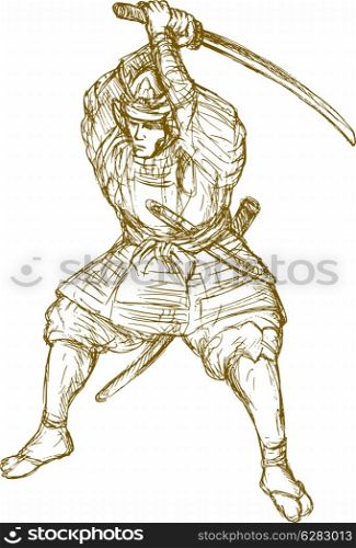hand drawn sketch illustration of a samurai warrior with sword in fighting stance. samurai warrior with sword in fighting stance