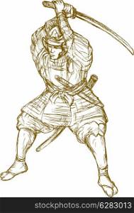 hand drawn sketch illustration of a samurai warrior with sword in fighting stance. samurai warrior with sword in fighting stance