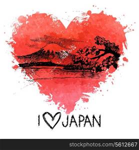Hand drawn sketch Japanese illustration with splash watercolor heart &#xA;