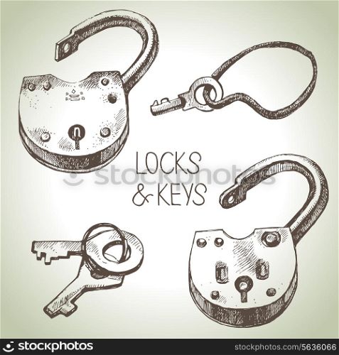 Hand drawn sketch locks and keys set. Vector illustration