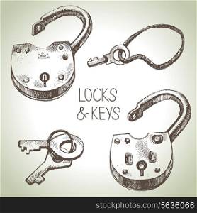 Hand drawn sketch locks and keys set. Vector illustration