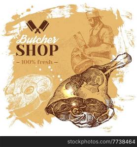 Hand drawn sketch meat butcher shop background. Vector vintage illustration. Menu poster design