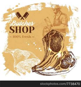Hand drawn sketch meat butcher shop background. Vector vintage illustration. Menu poster design