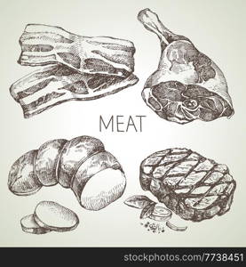 Hand drawn sketch meat products set. Vector black and white vintage illustration. Isolated object on white background. Menu design