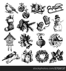 Hand drawn sketch Merry Christmas and Happy New Year set. Vector illustration