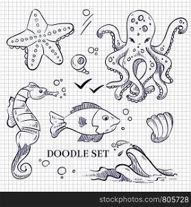 Hand drawn sketch ocean wild animals on notebook page. Vector illustration. Hand drawn ocean wild animals on notebook page