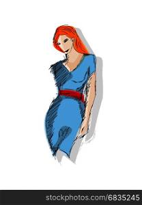 Hand drawn sketch of a blue dress girl