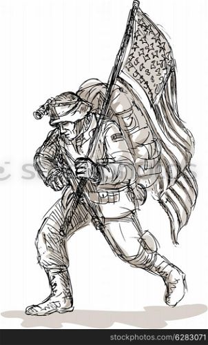 hand drawn sketch of a Dejected American soldier in full battle gear carrying flag isolated on white background. American soldier with rifle flag