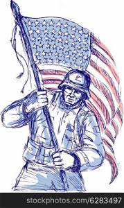 hand drawn sketch of an American soldier in full battle gear carrying stars and stripes flag isolated on white background. American soldier carrying flag