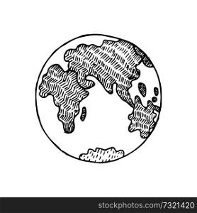 Hand drawn sketch of Earth planet vector illustration isolated on white background. Dark silhouette of globe, logotype design of peace symbol. Hand Drawn Sketch Earth Planet Vector Illustration