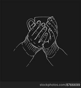 Hand drawn sketch of hands holding a cup of coffee, tea etc. Vector illustration isolated on black background. 