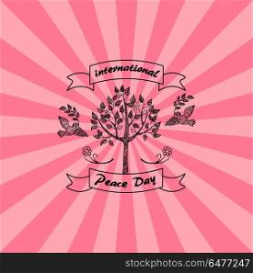 Hand Drawn Sketch of Tree in Black and White Color. International peace day sketch of tree in black vector with flying doves. Plant with leaves and branches, symbol of life on pink background with rays