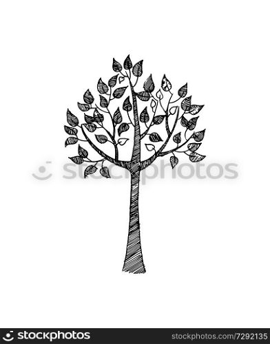 Hand drawn sketch of tree in black and white colors vector illustration isolated icon. Colorless plant with leaves and branches, symbol of life. Hand Drawn Sketch of Tree in Black and White Color