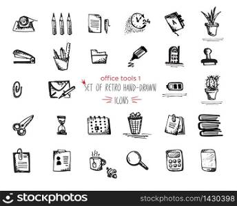 Hand-drawn sketch office tools icon set. Vector illustrations Black on white background. Hand-drawn sketch office tools icon set Black on white background