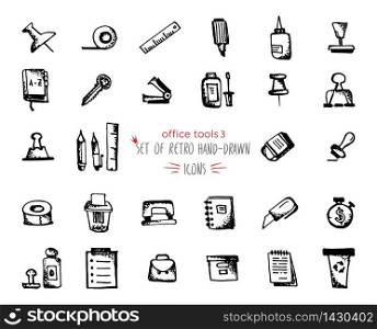 Hand-drawn sketch office tools icon set. Vector illustrations Black on white background. Hand-drawn sketch office tools icon set Black on white background