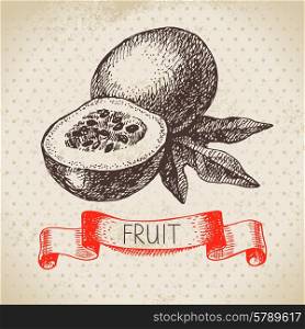 Hand drawn sketch passion fruit. Eco food background. Vector illustration