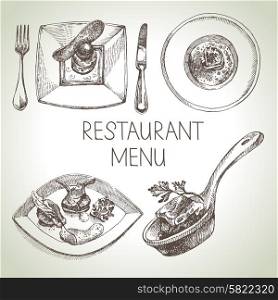 Hand drawn sketch restaurant food set. European cuisine menu. Vector illustration
