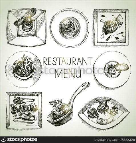 Hand drawn sketch restaurant food set. European cuisine menu. Vector illustration
