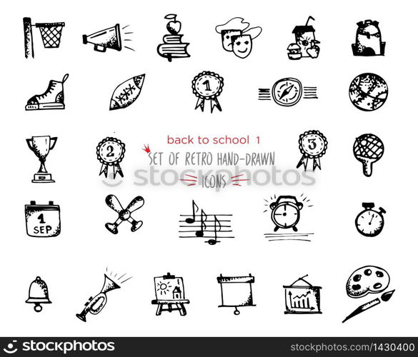 Hand-drawn sketch school tools icon set. Vector illustrations Black on white background. Hand-drawn sketch school tools icon set Black on white background